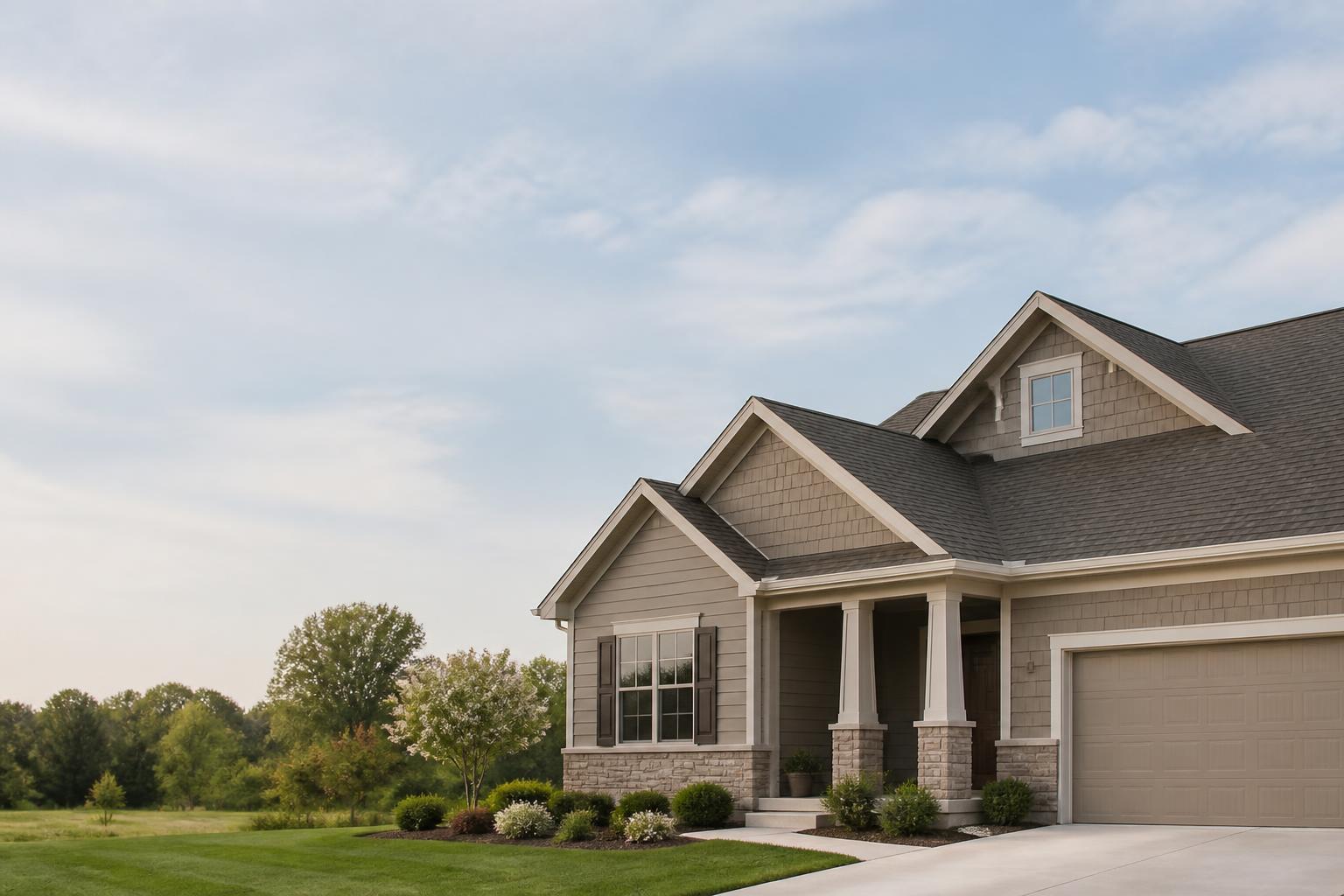 Suburban home exterior with protected roofline and open space